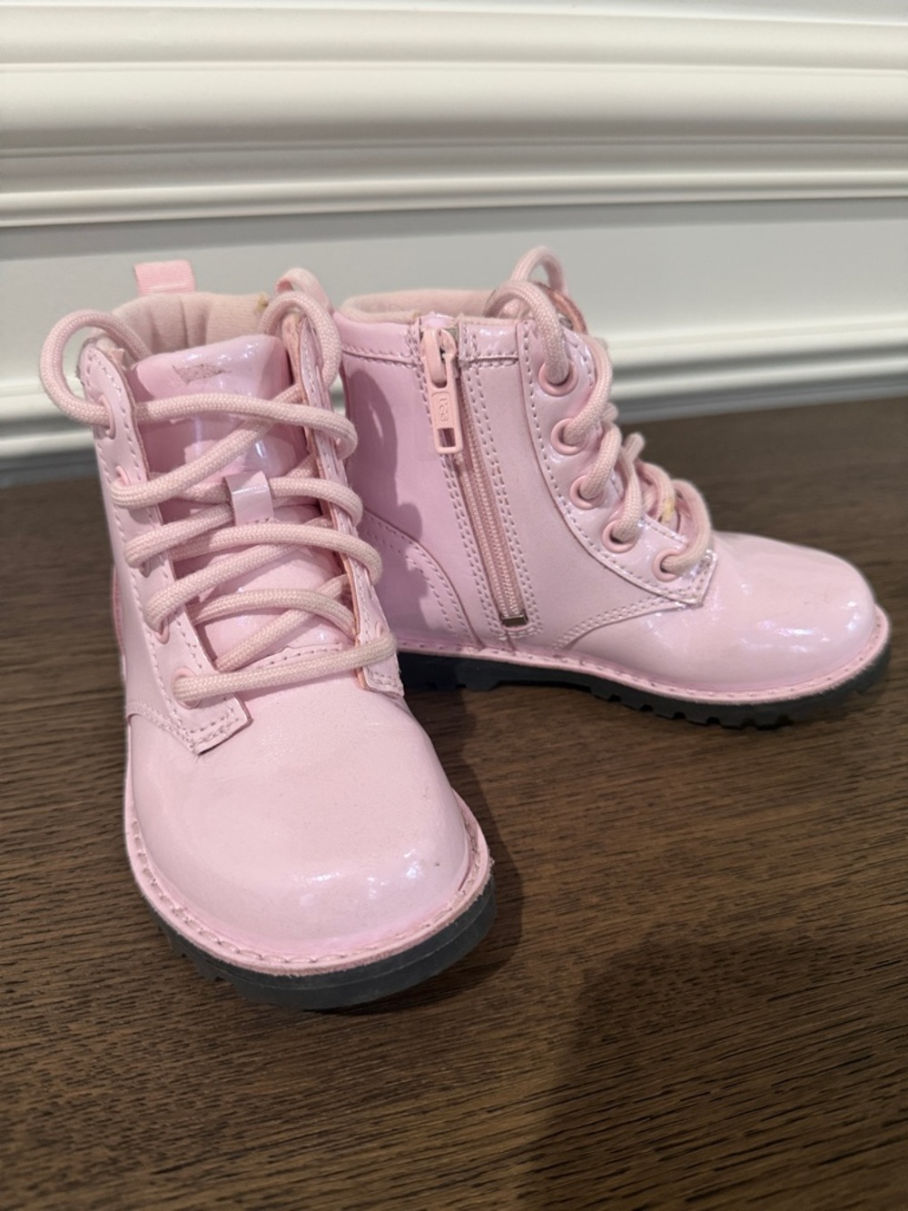 UGG Kids Patent Pink Lace-Up Ankle Boots with Side Zip